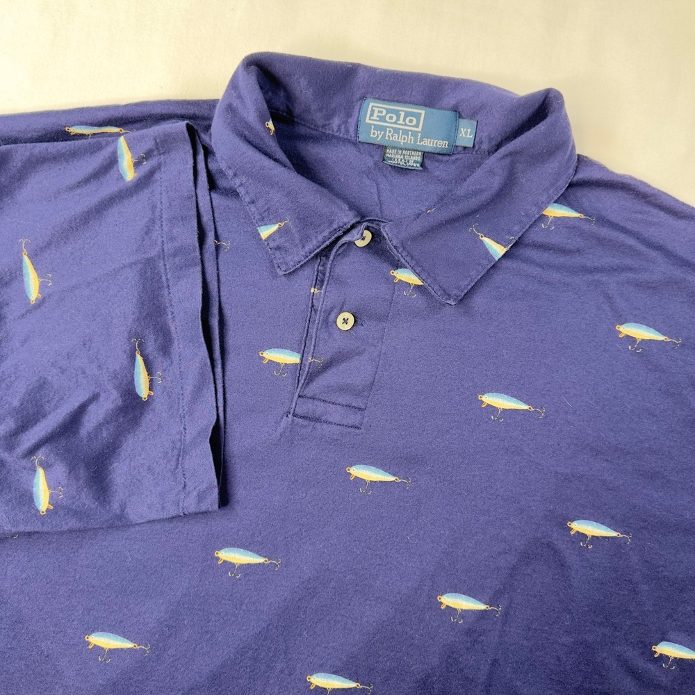 Polo Ralph Lauren Shirt Mens XL Blue Fishing Lure All Over Print Dad SEE DESC